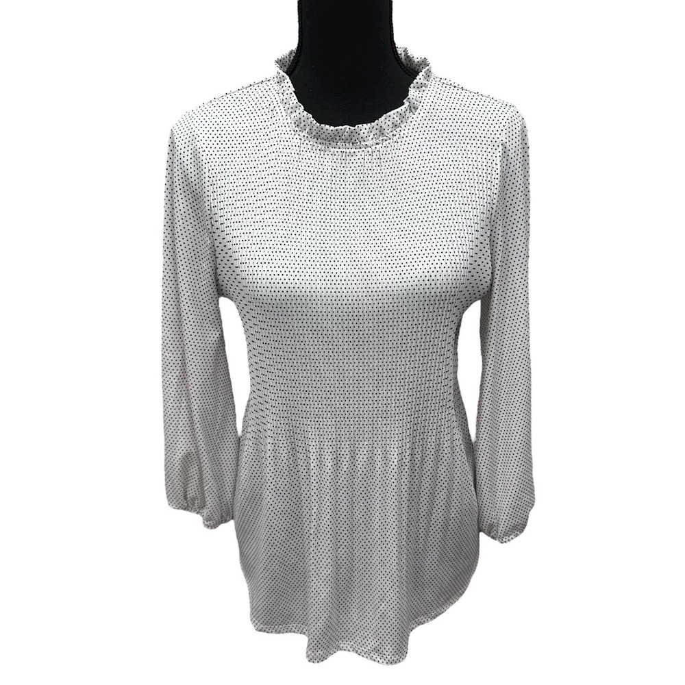 Adrianna Papell White Black Polka‎ Dot Top Blouse Pleats Balloon Sleeve Sz Small
